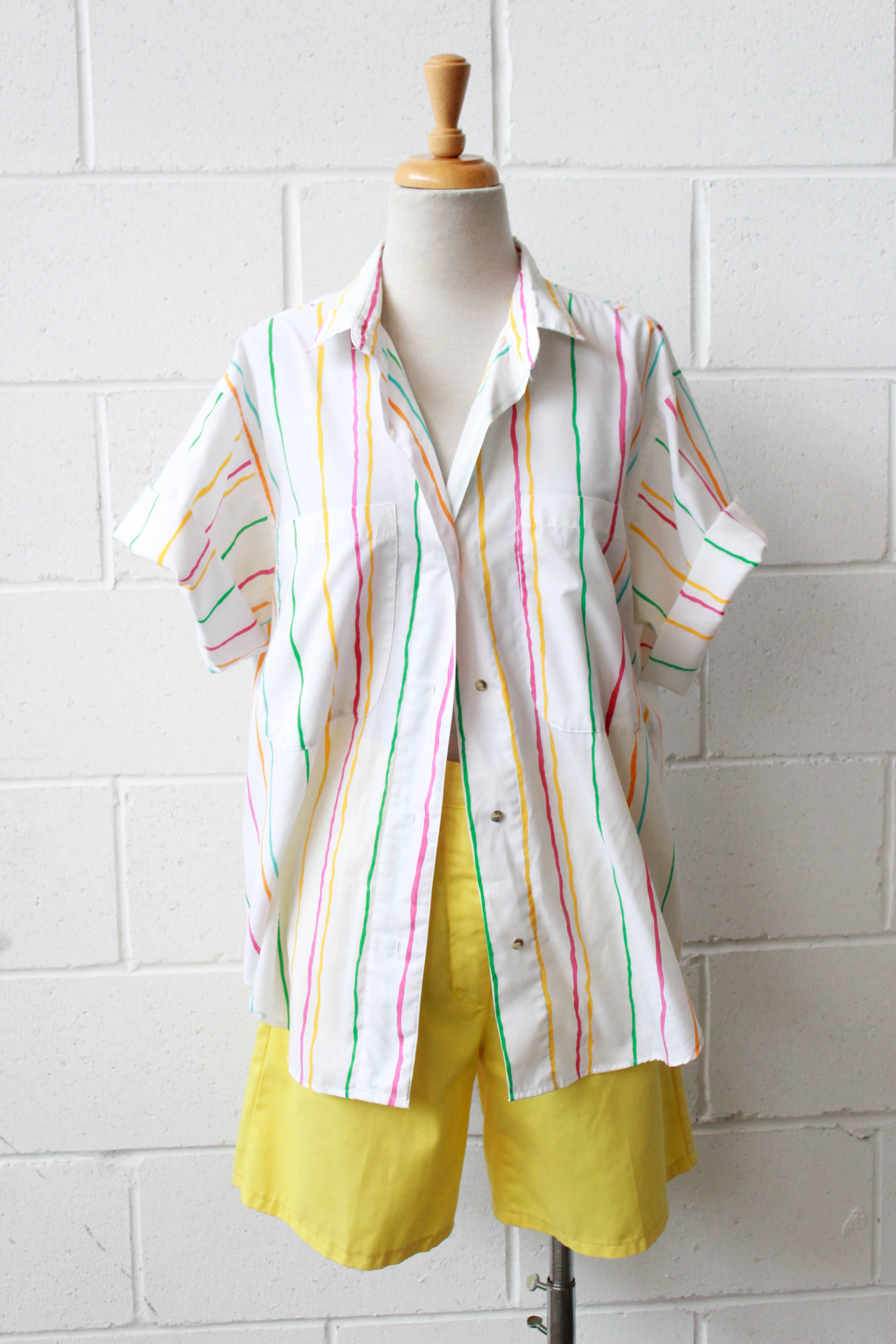 80s Bright Striped Short Sleeve Shirt, Medium