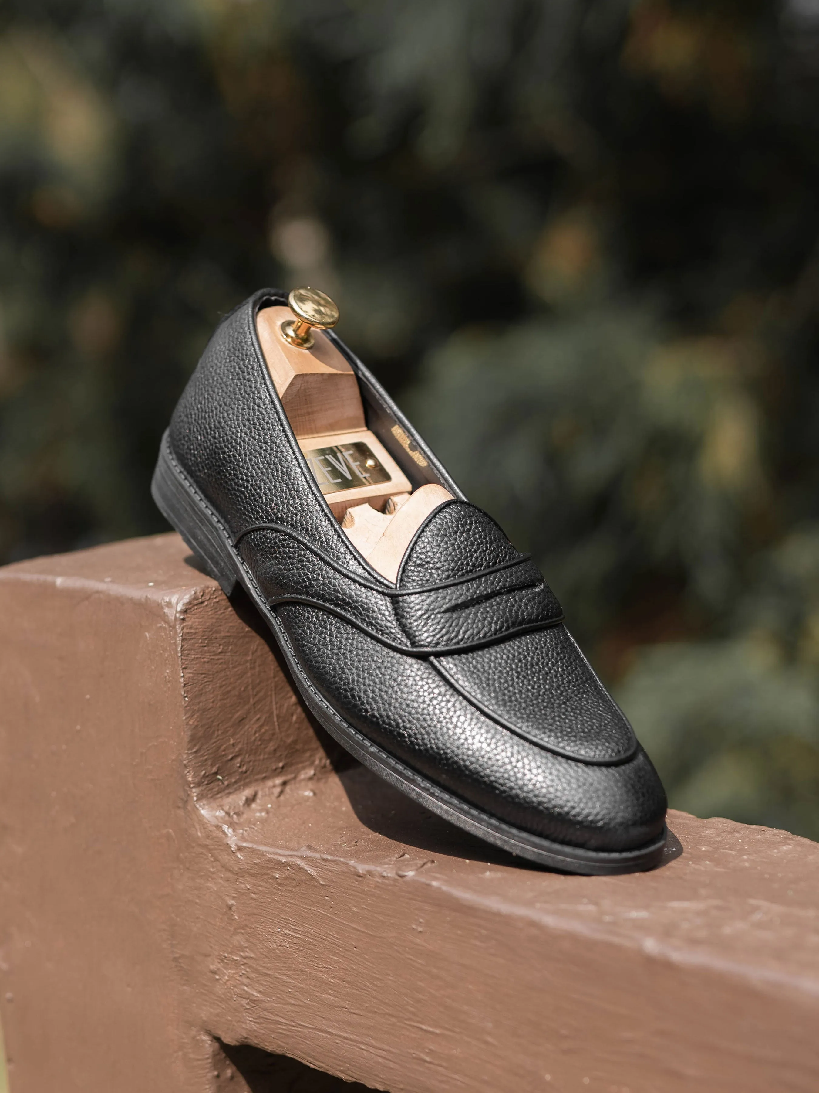 Belgian Loafer with Penny - Black Pebble Grain Leather (Flexi-Sole)