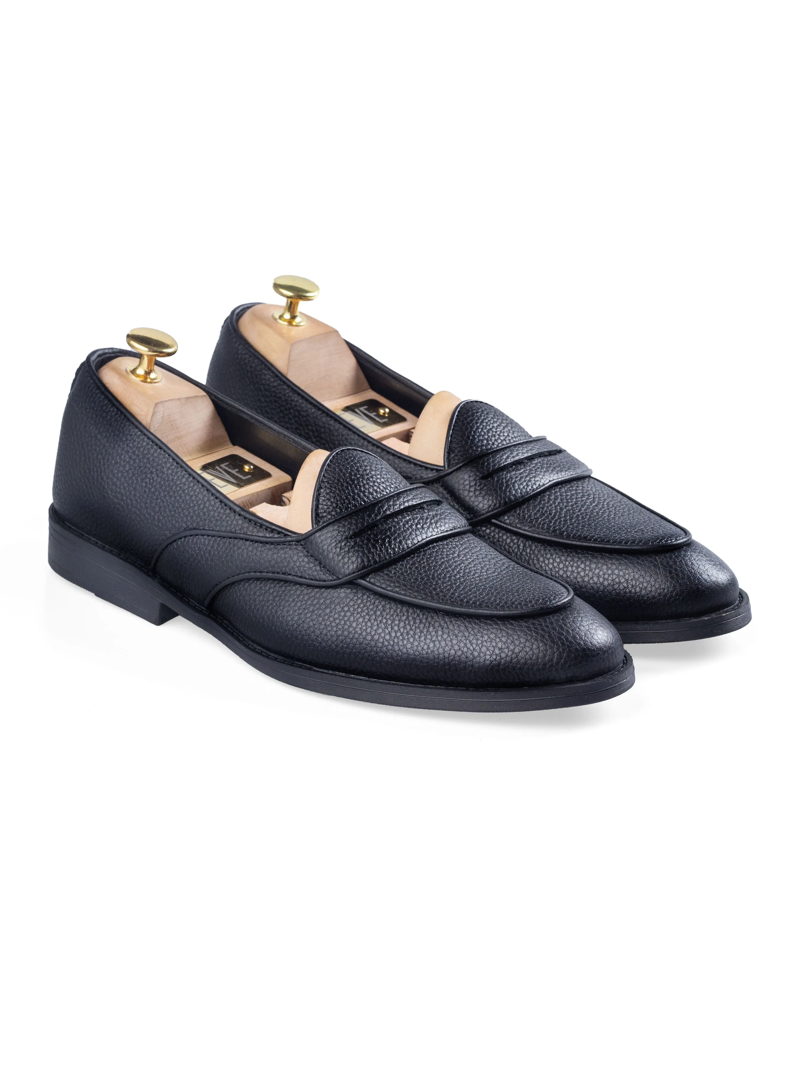 Belgian Loafer with Penny - Black Pebble Grain Leather (Flexi-Sole)