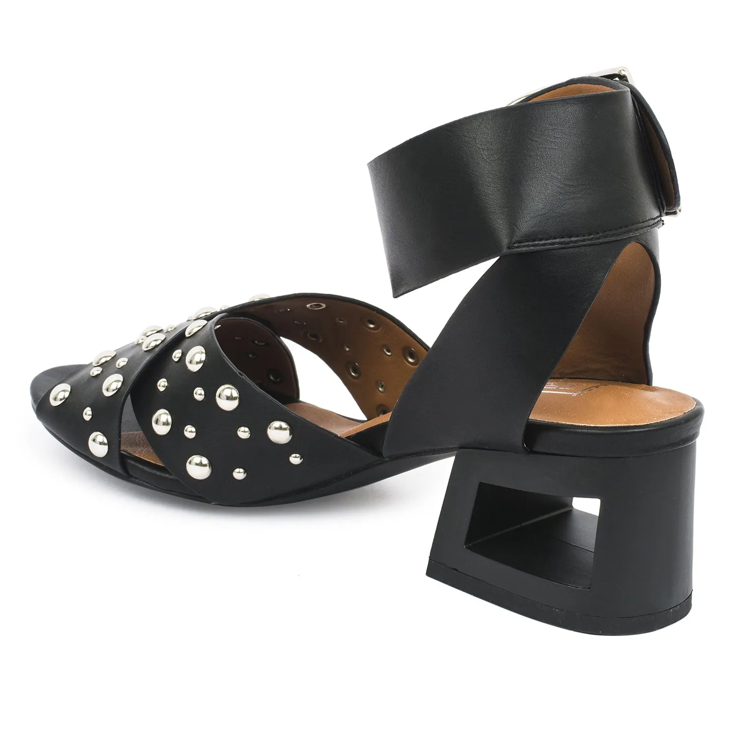 Black Block Studded Cross Over Heeled Sandal