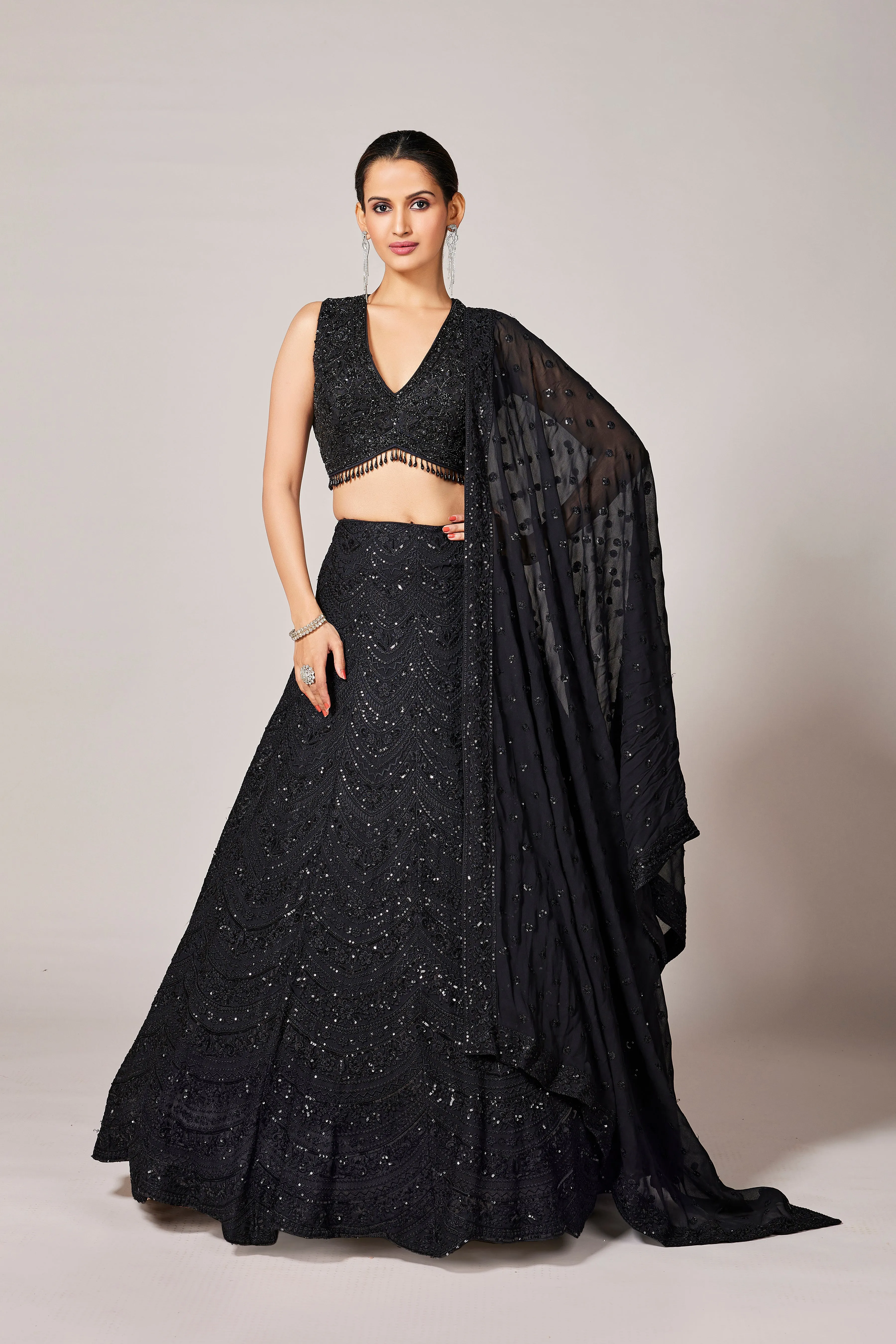 Black Embellished Premium Georgette Silk Lehenga Set