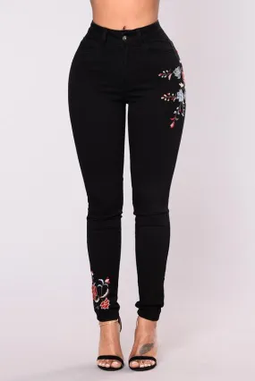 Black Floral Embroidery Skinny Jeans