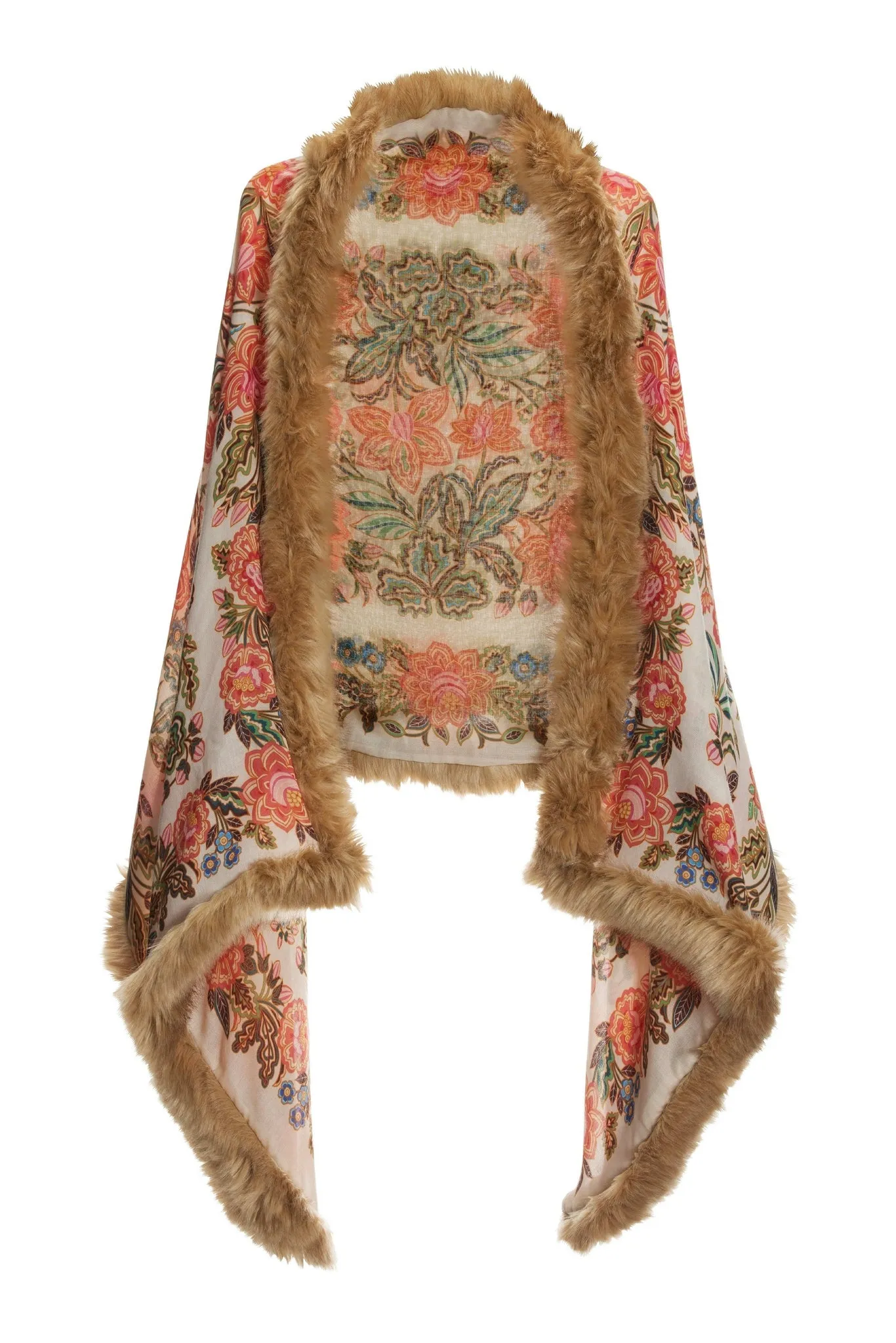 Boho Floral Print Faux Fur Trim Shawl Off White Multi