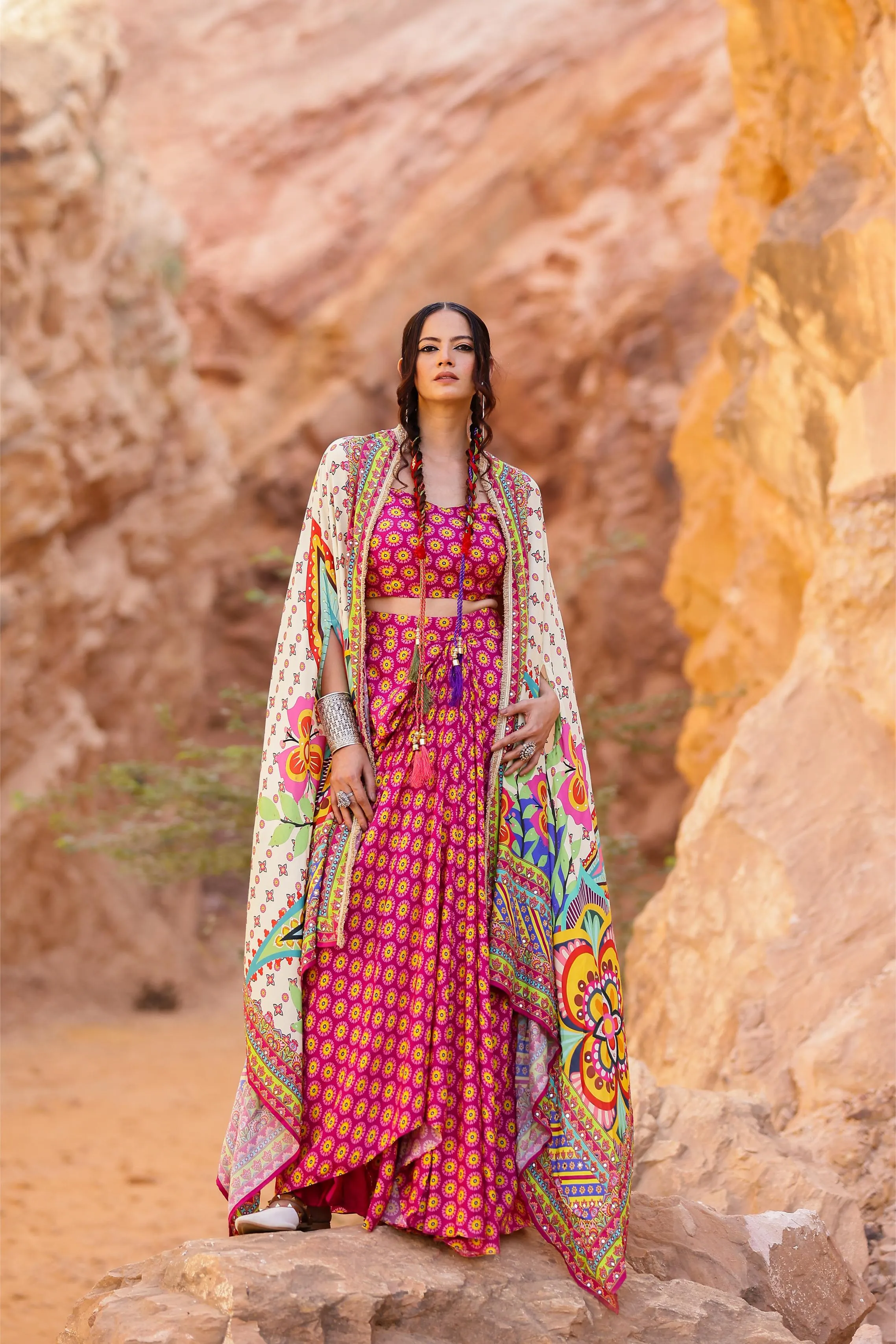 Bright Cream Traditional Printed Moorish Silk Cape Set