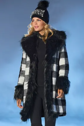 Buffalo Check Faux Fur Coat White/Black