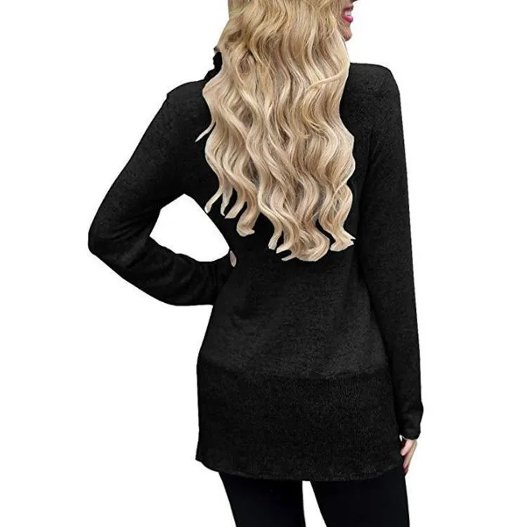 Button-Accent Side-Slit Cowl-Neck Tunic Sweater