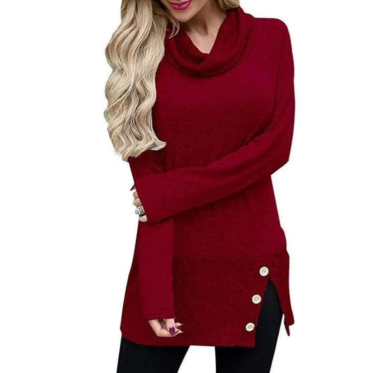 Button-Accent Side-Slit Cowl-Neck Tunic Sweater