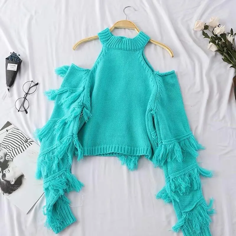 Cold Shoulder Fringe Sweater