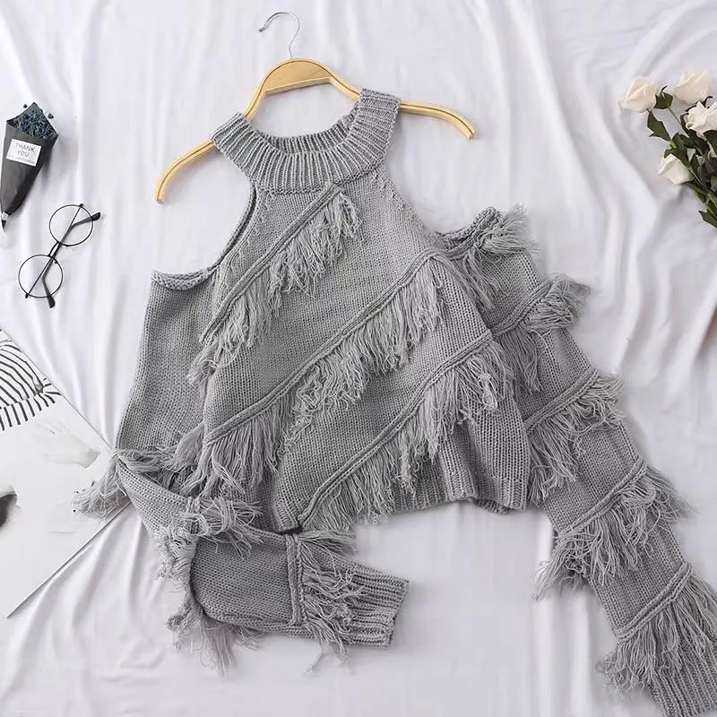 Cold Shoulder Fringe Sweater