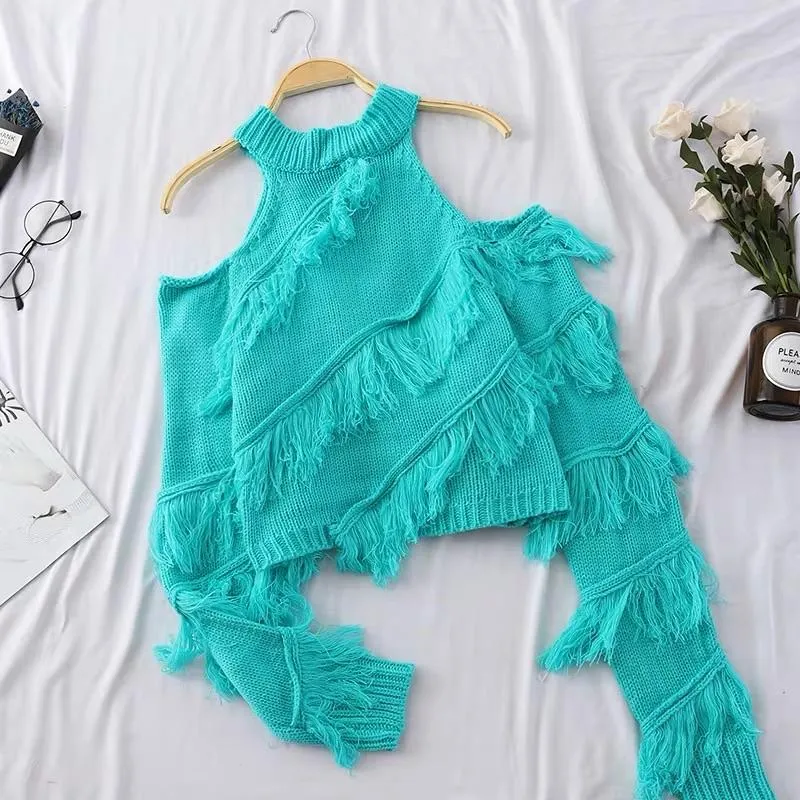 Cold Shoulder Fringe Sweater