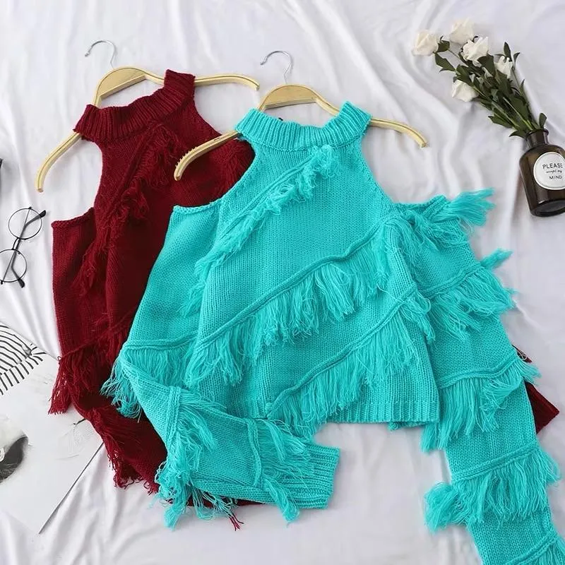 Cold Shoulder Fringe Sweater