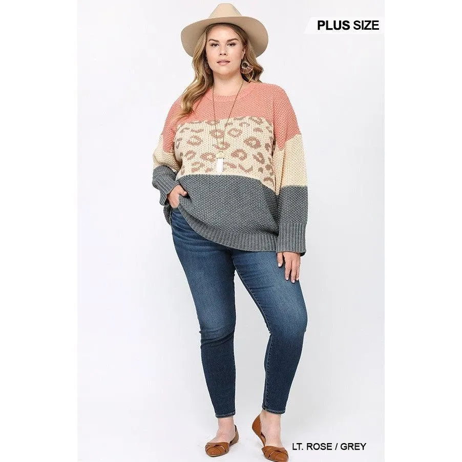 Color Block And Leopard Pattern Mixed Pullover Sweater