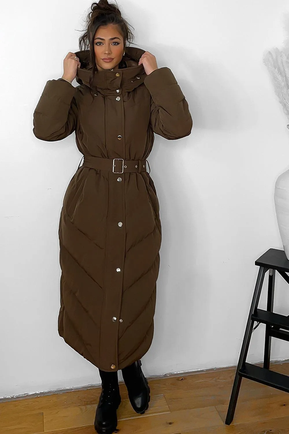 Drawstring Hood Belted Midi Puffer Jacket