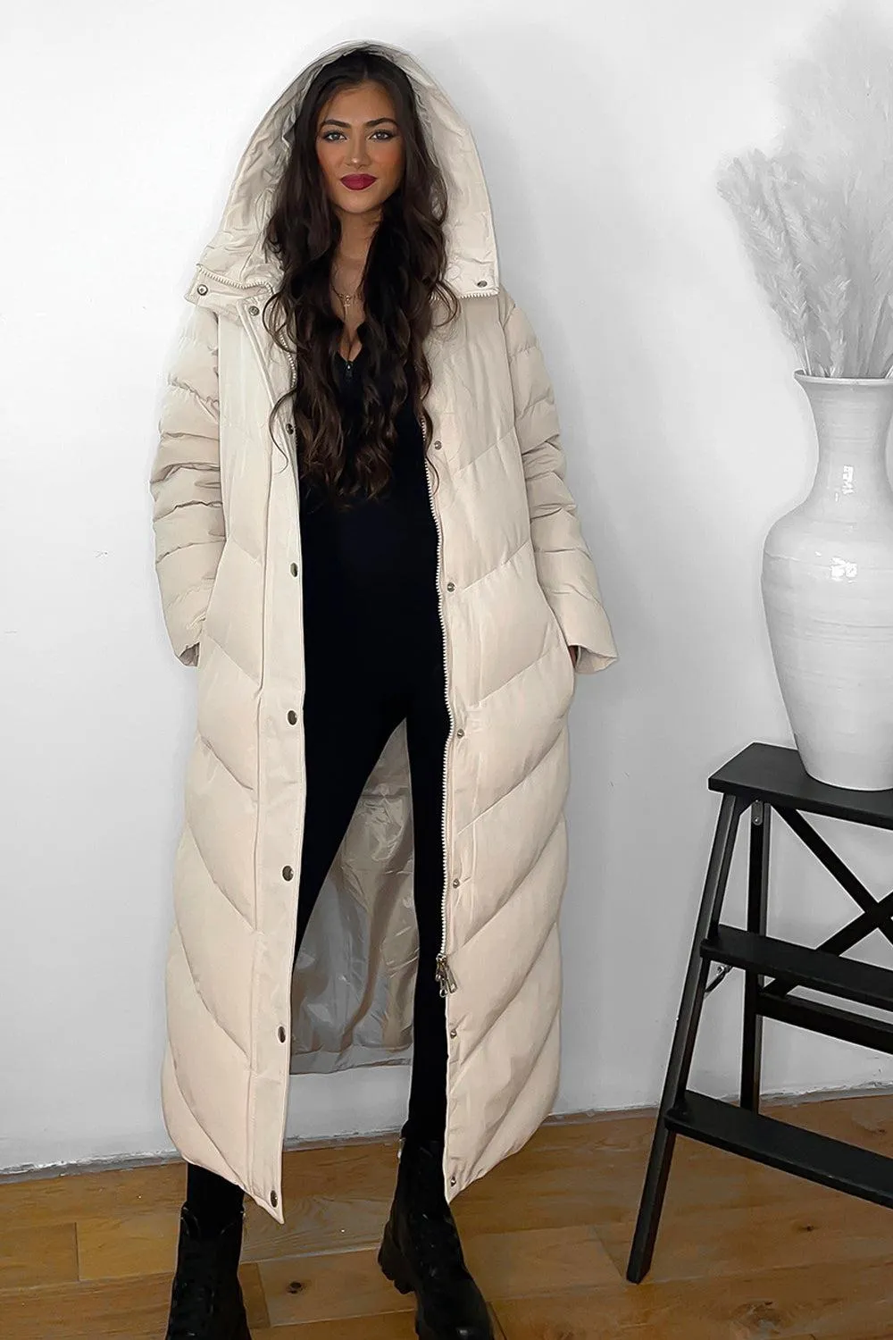 Drawstring Hood Belted Midi Puffer Jacket