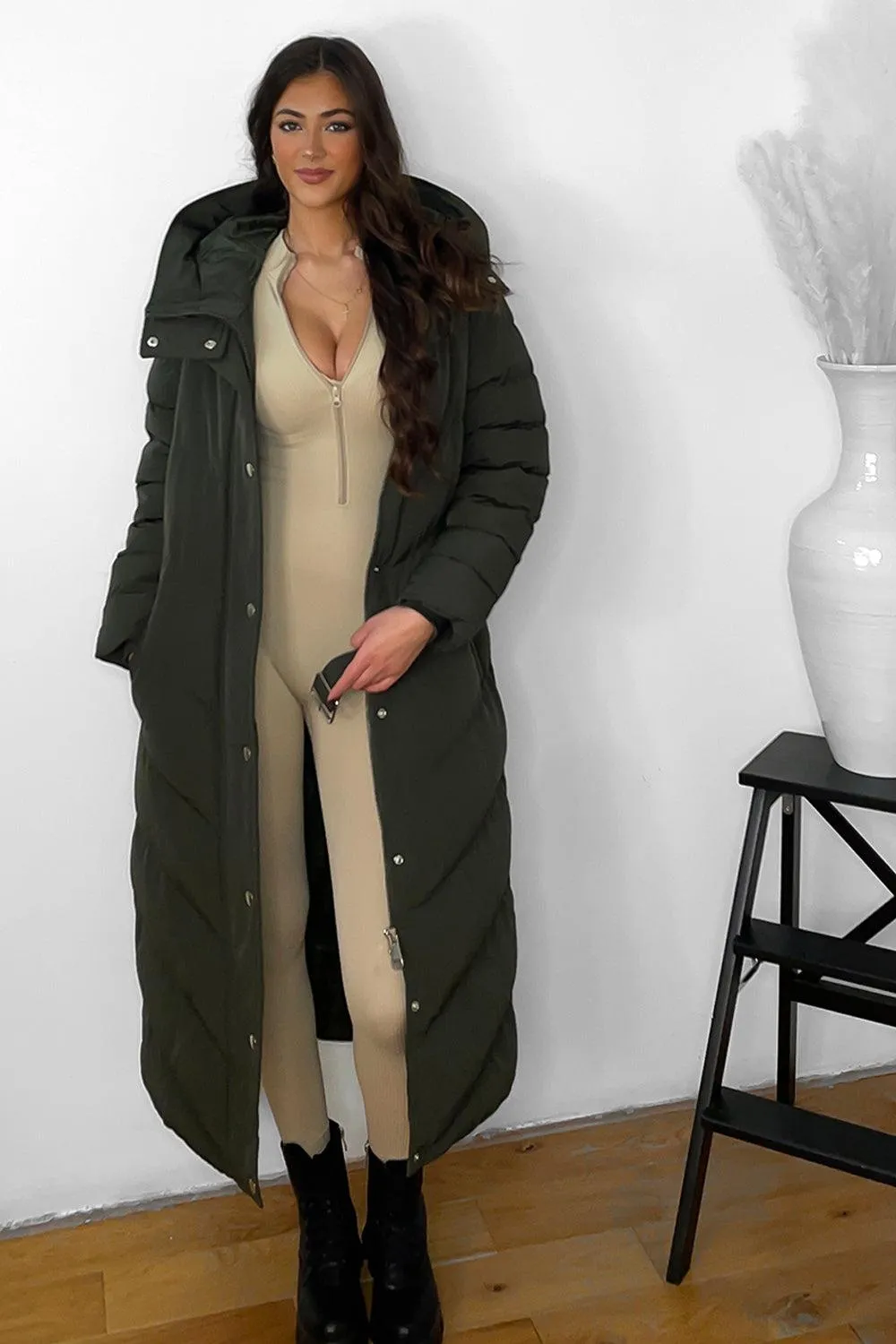 Drawstring Hood Belted Midi Puffer Jacket