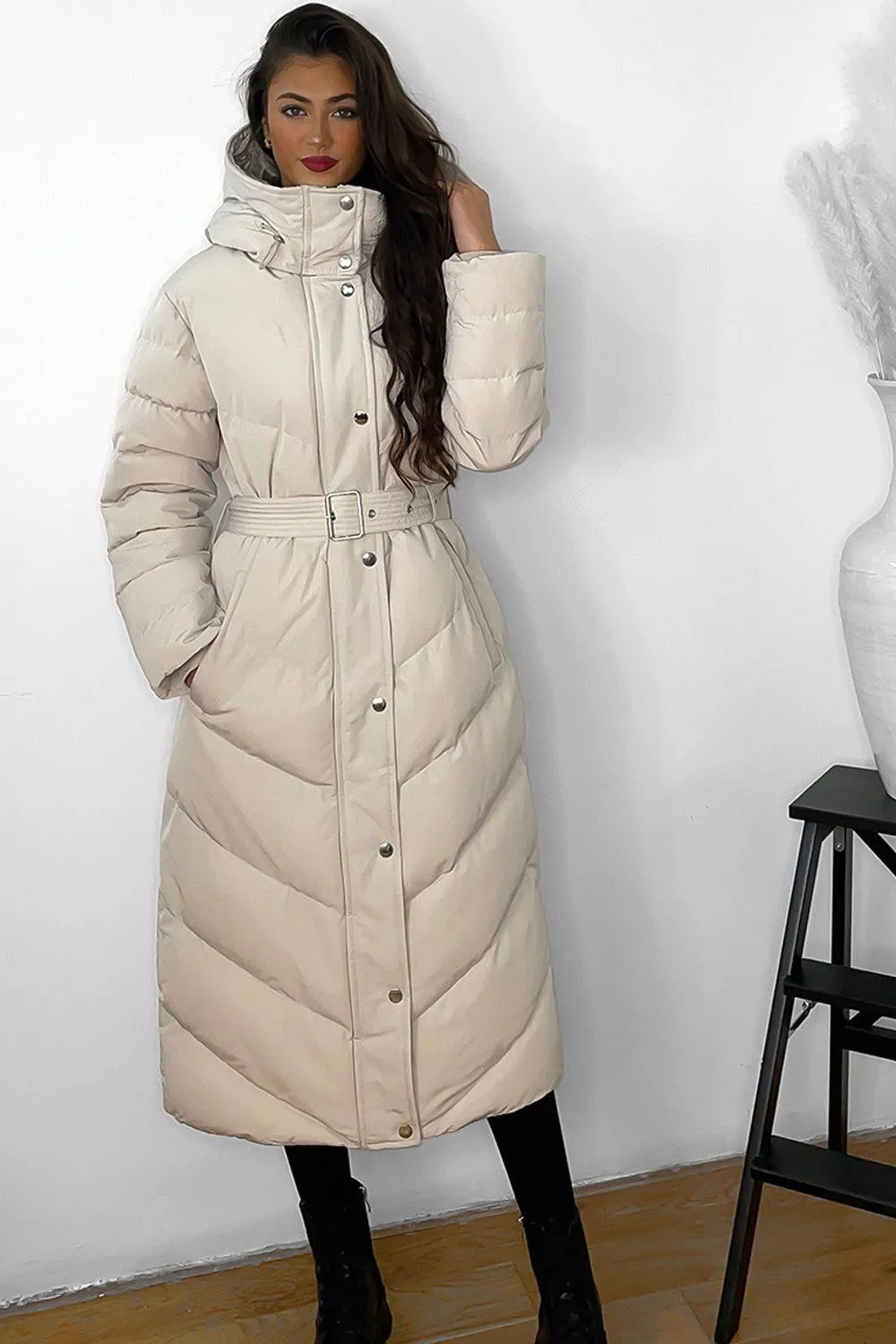 Drawstring Hood Belted Midi Puffer Jacket