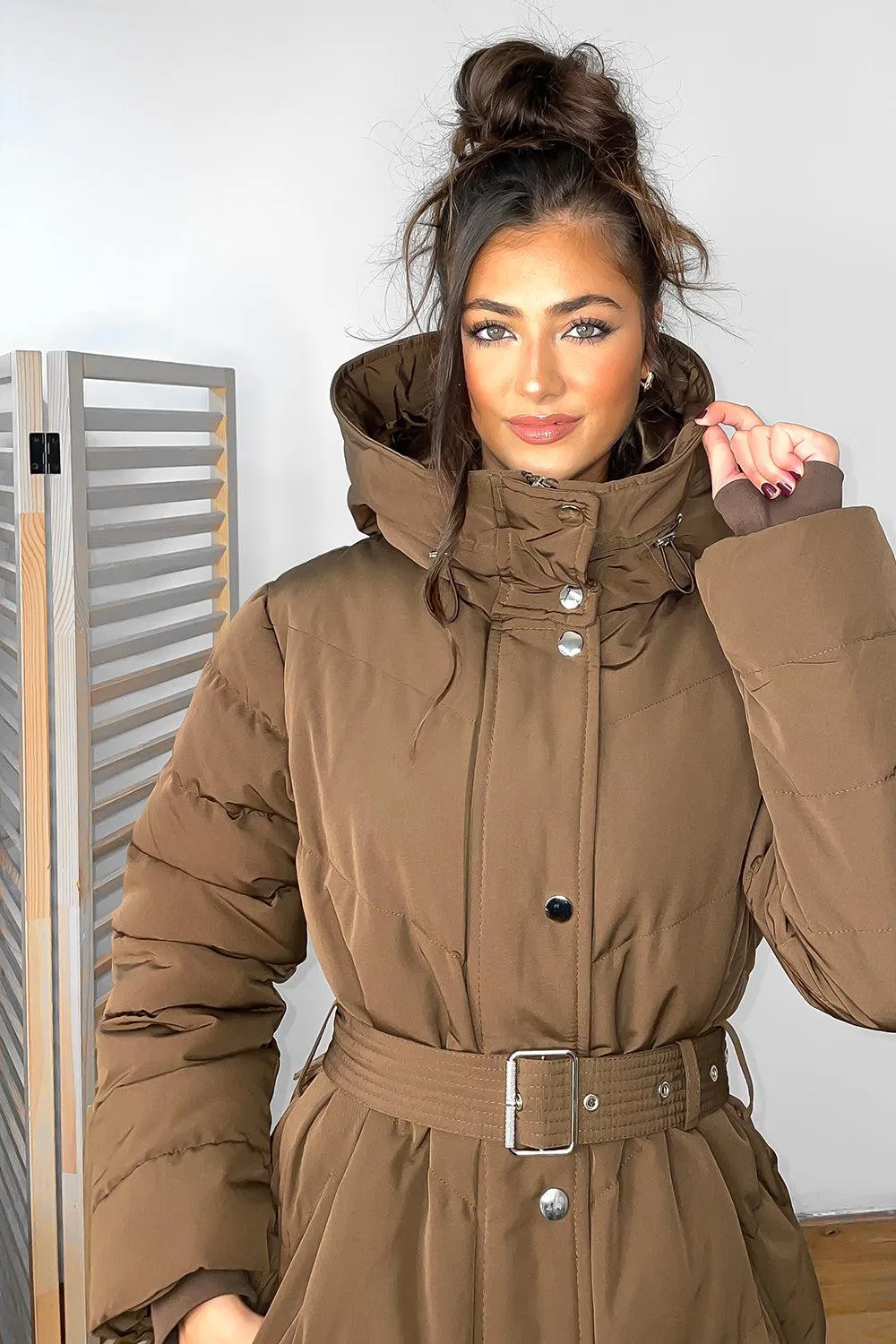 Drawstring Hood Belted Midi Puffer Jacket