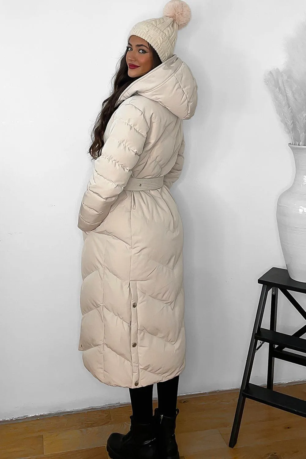 Drawstring Hood Belted Midi Puffer Jacket