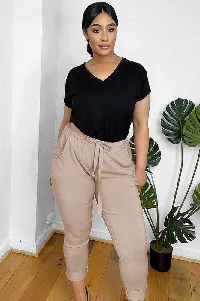 Drawstring Waist Rolled Up Hem Cotton Trousers