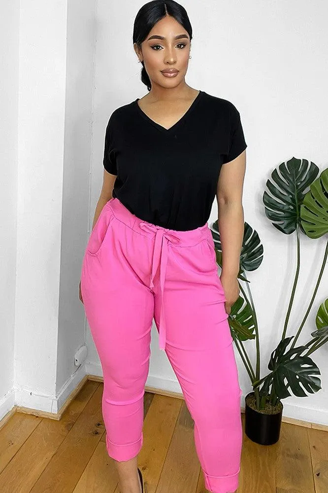 Drawstring Waist Rolled Up Hem Cotton Trousers