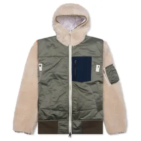 Faux Shearling Nylon Twill Blouson - Khaki/Ecru