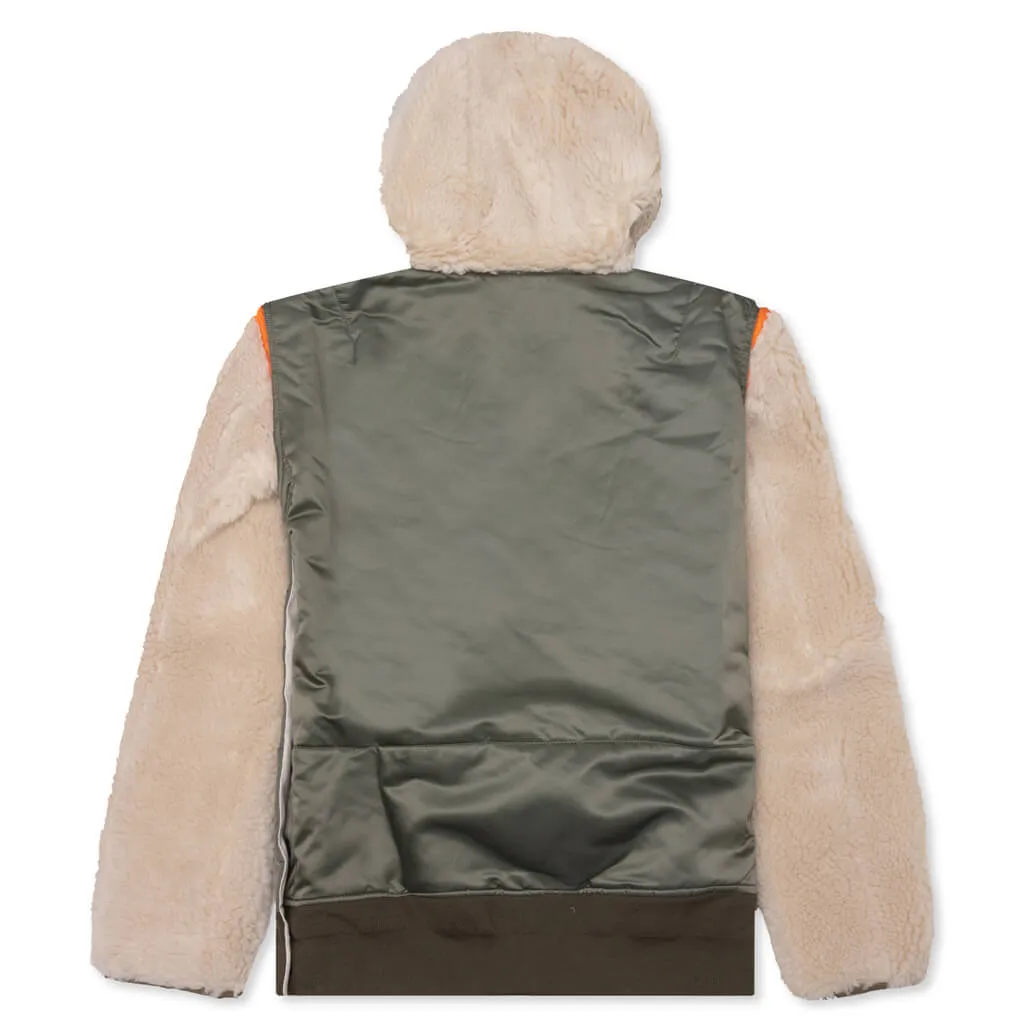 Faux Shearling Nylon Twill Blouson - Khaki/Ecru