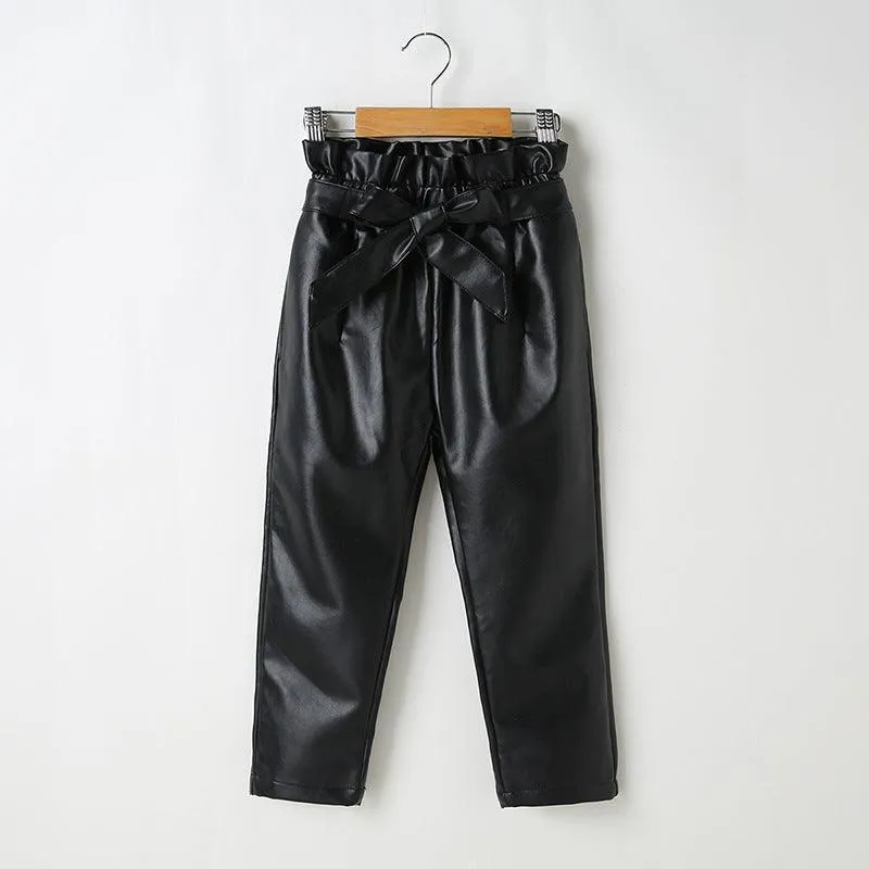 Girls' Autumn and Winter PU Leather Trousers, Solid Trousers, Including Belt