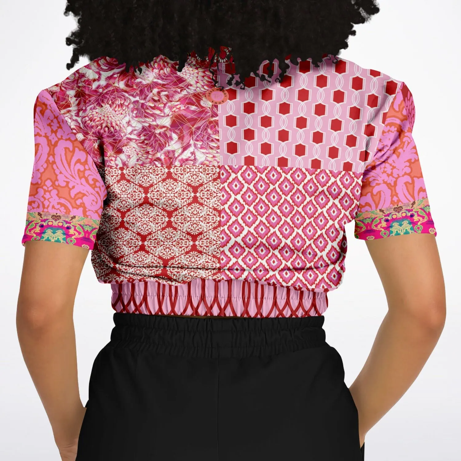 Gypsy Beat Pink Patchwork Short Sleeve Cropped Eco-Poly Sweater