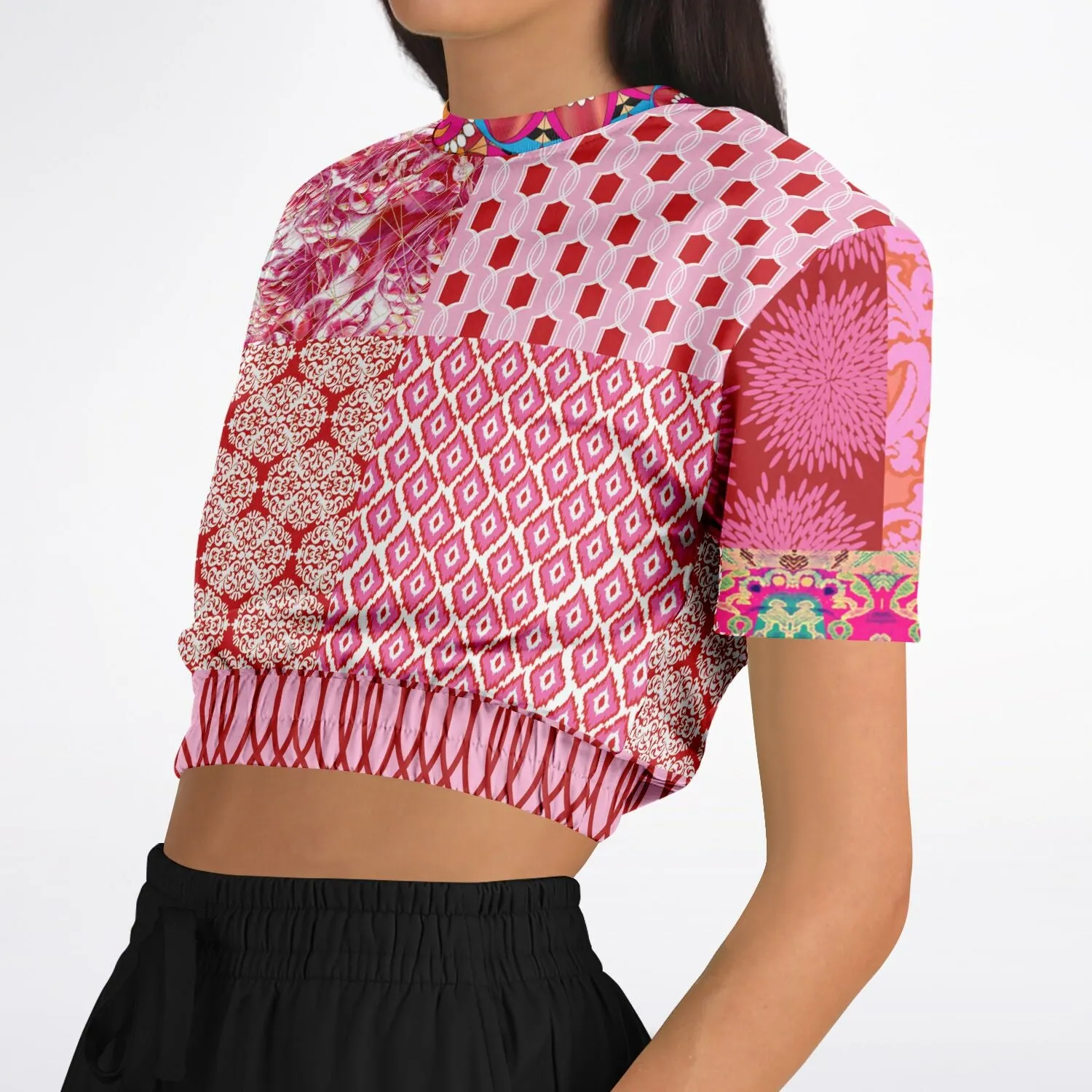 Gypsy Beat Pink Patchwork Short Sleeve Cropped Eco-Poly Sweater