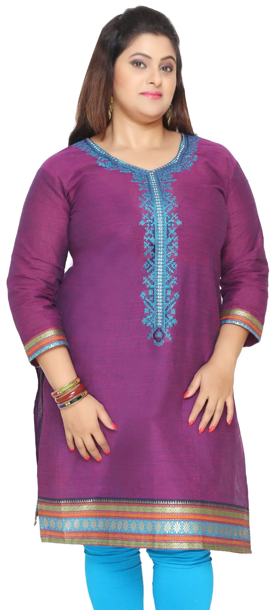 Long Kurti Womens Embroidered Plus Size Indian Clothes (Purple)