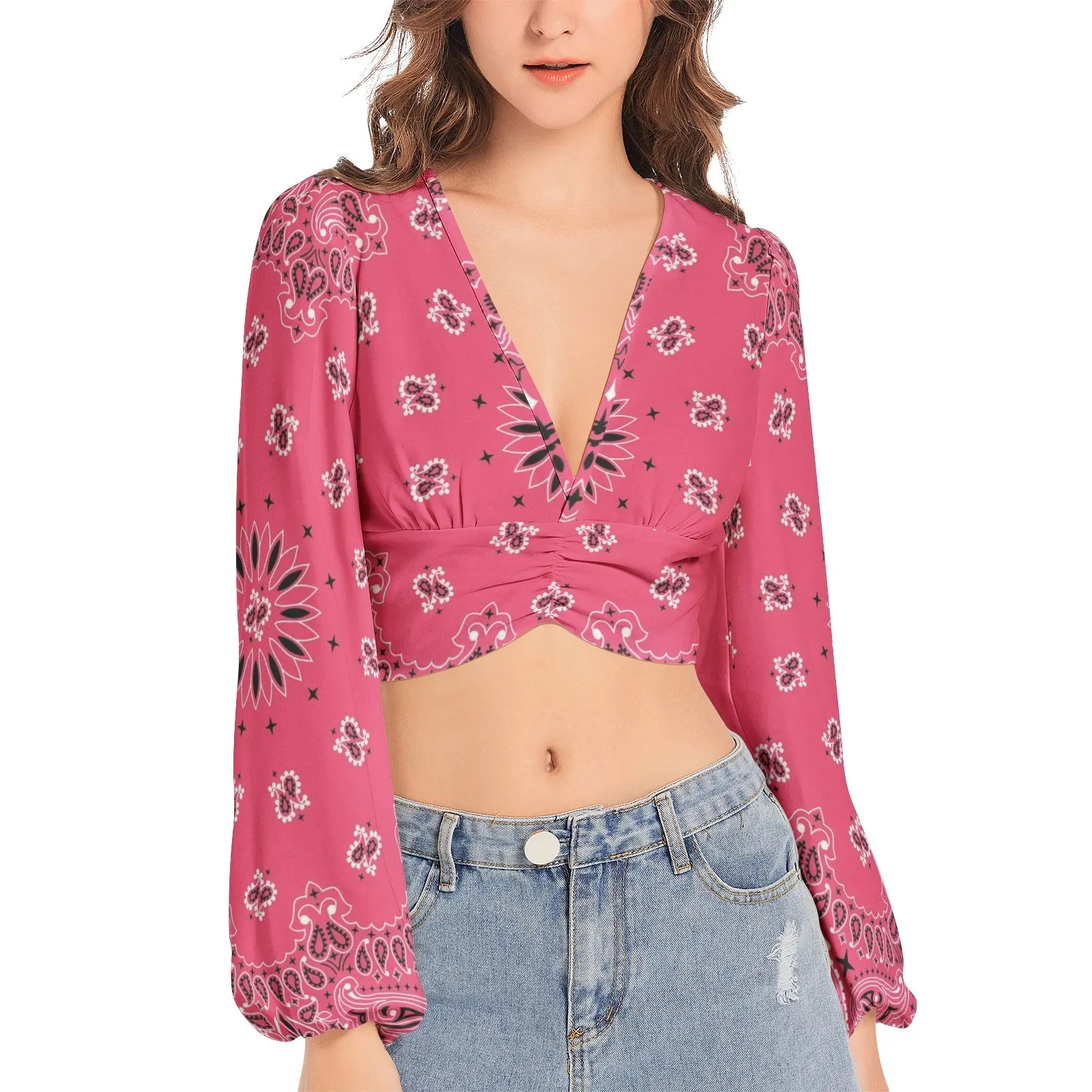 Pink Bandana Women's Deep V-Neck Lantern Sleeve Crop Top