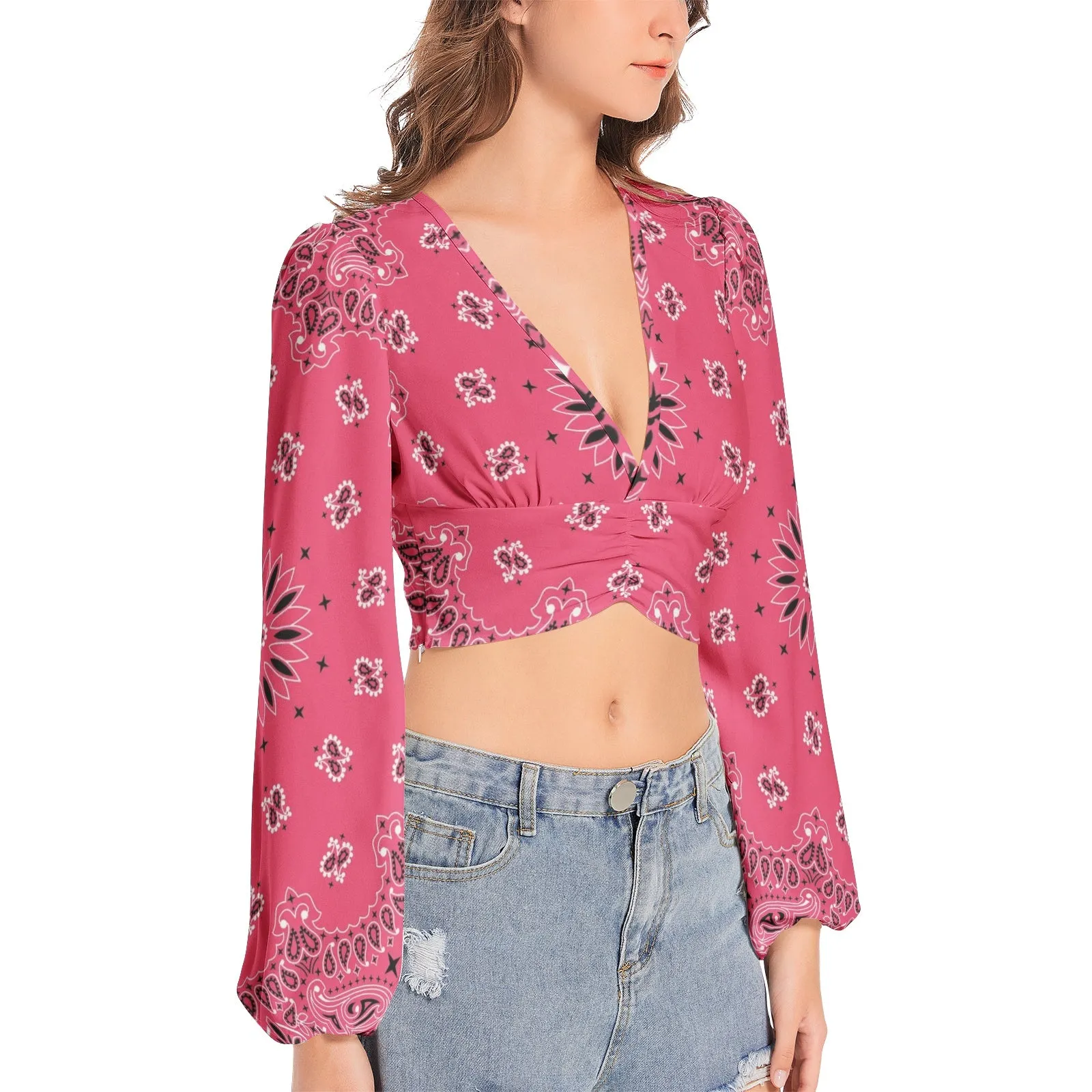 Pink Bandana Women's Deep V-Neck Lantern Sleeve Crop Top