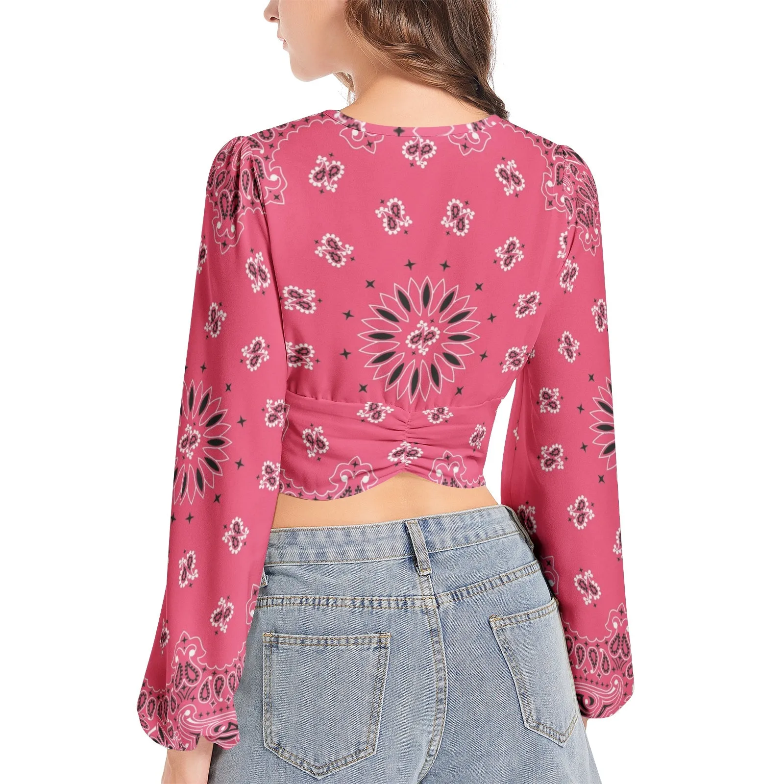 Pink Bandana Women's Deep V-Neck Lantern Sleeve Crop Top