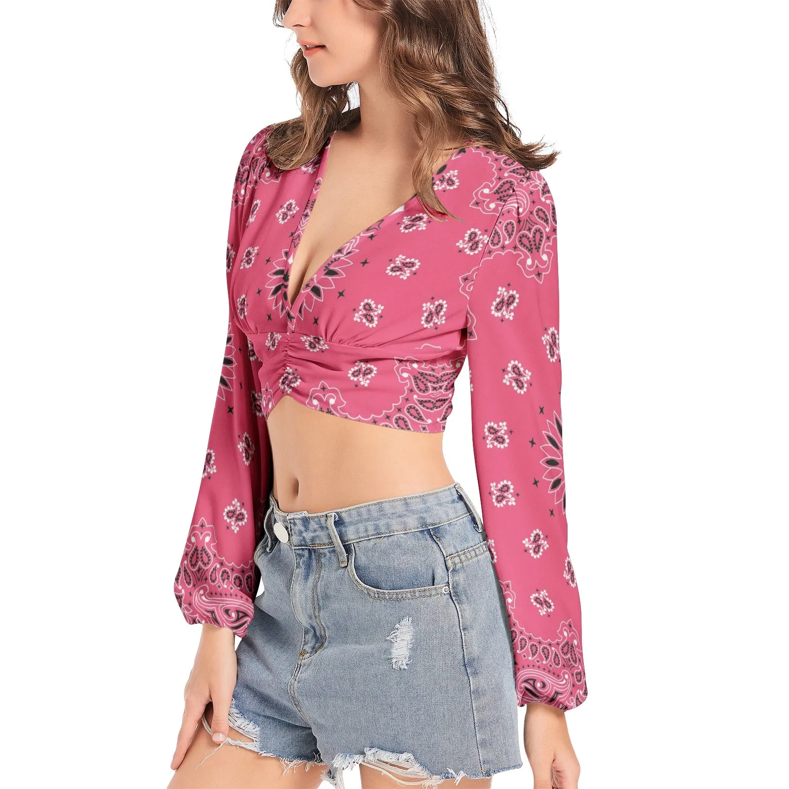 Pink Bandana Women's Deep V-Neck Lantern Sleeve Crop Top