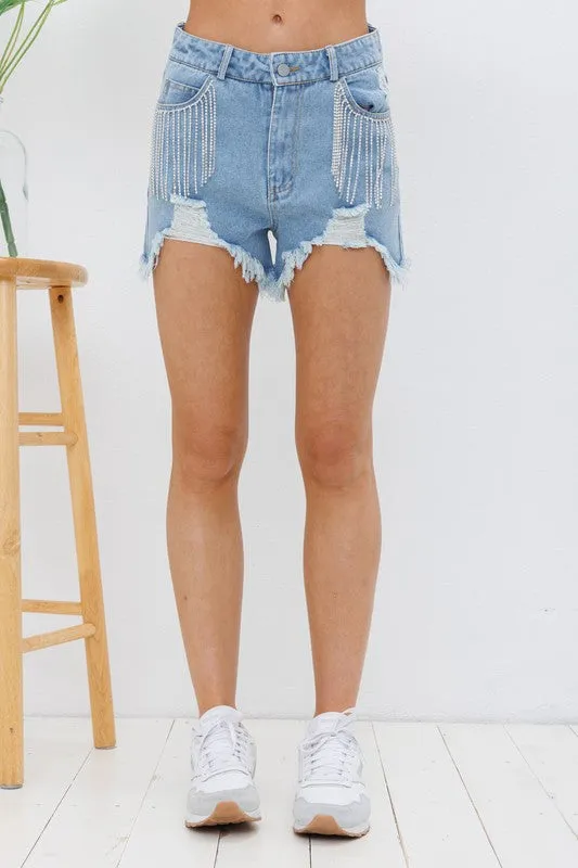 Presley Rhinestone Denim Shorts- Denim