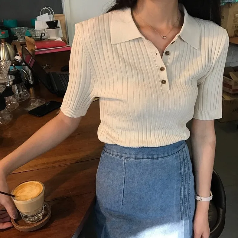 Ribbed Crop Shirt with Polo Collar