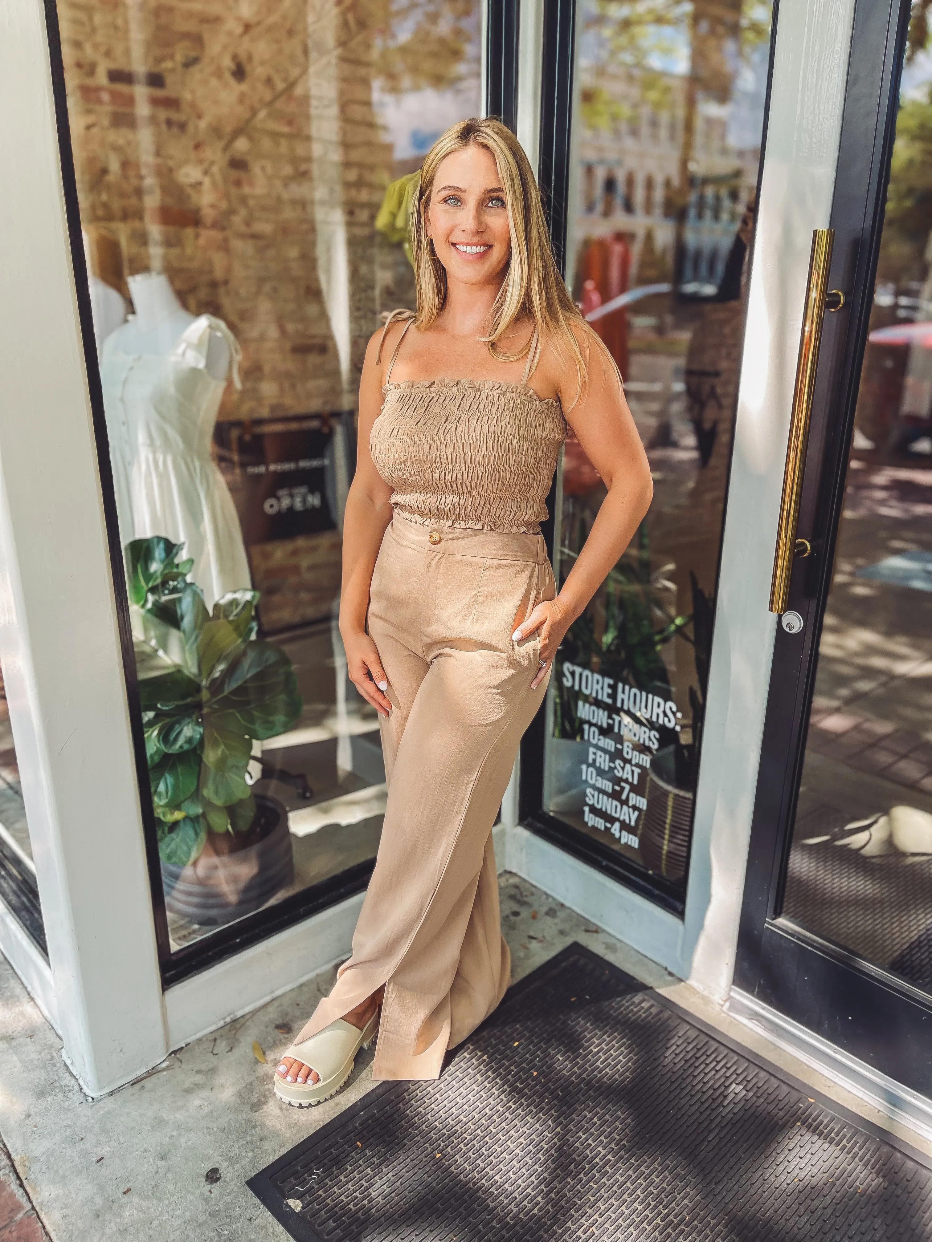 Smocked taupe top