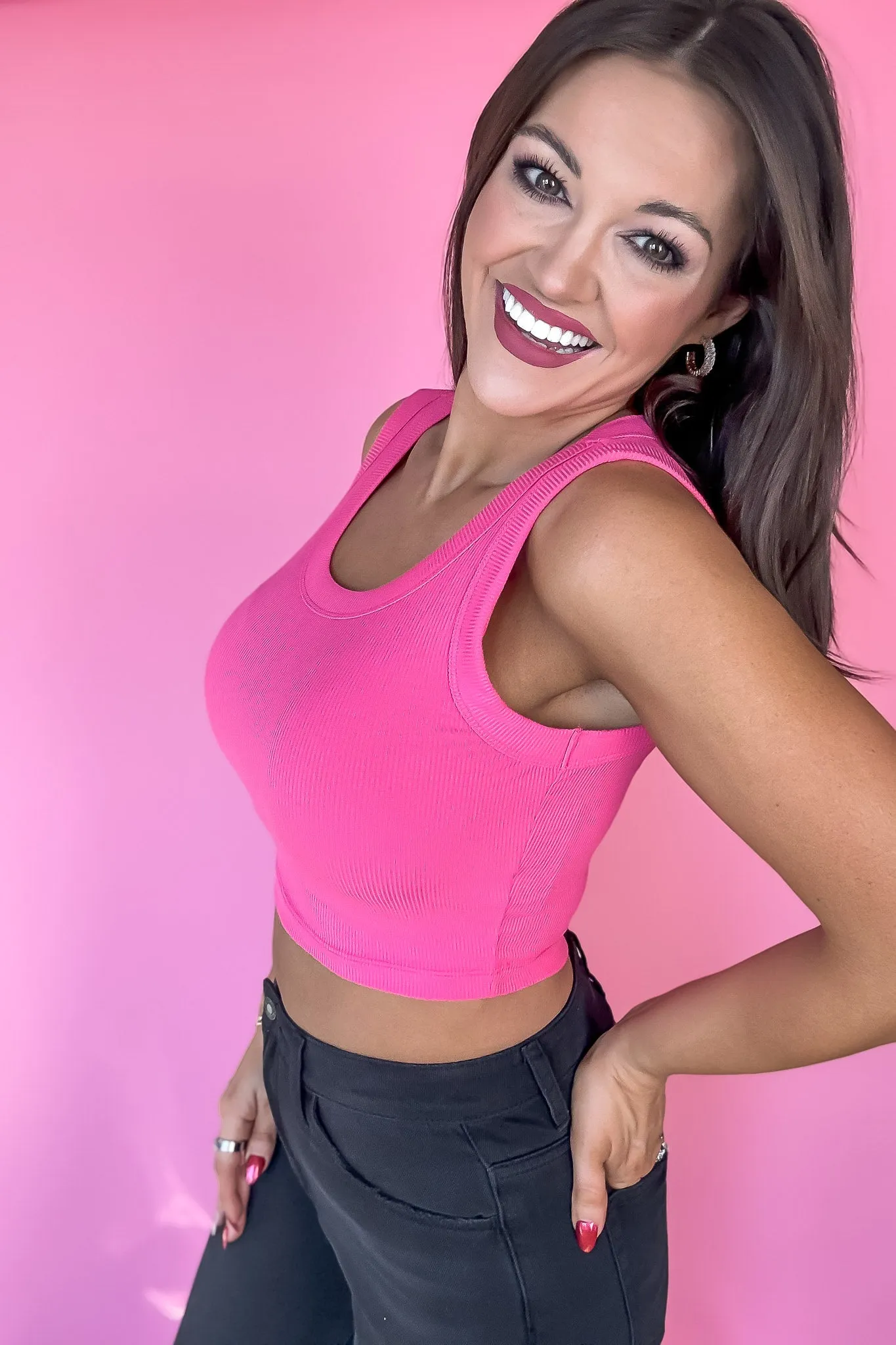 SR Basic Fuchsia Ribbed Scoop Neck Crop Tank Top