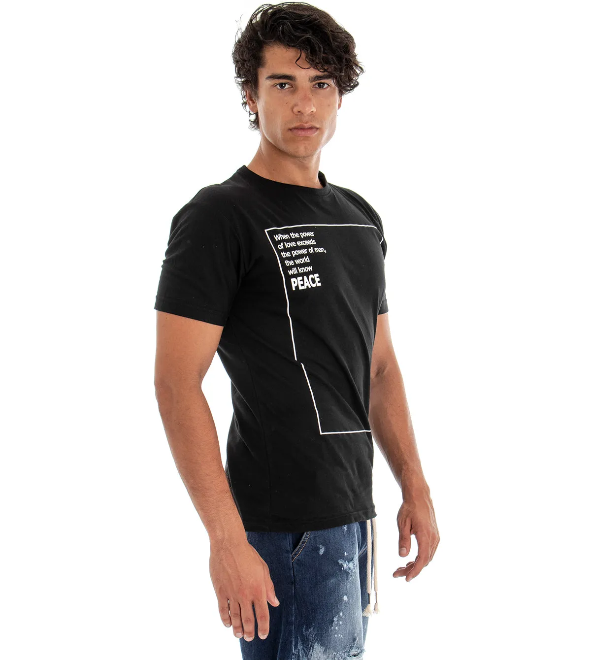 T-shirt Uomo Maglia Manica Corta Tinta Unita Nero Stampa Girocollo GIOSAL