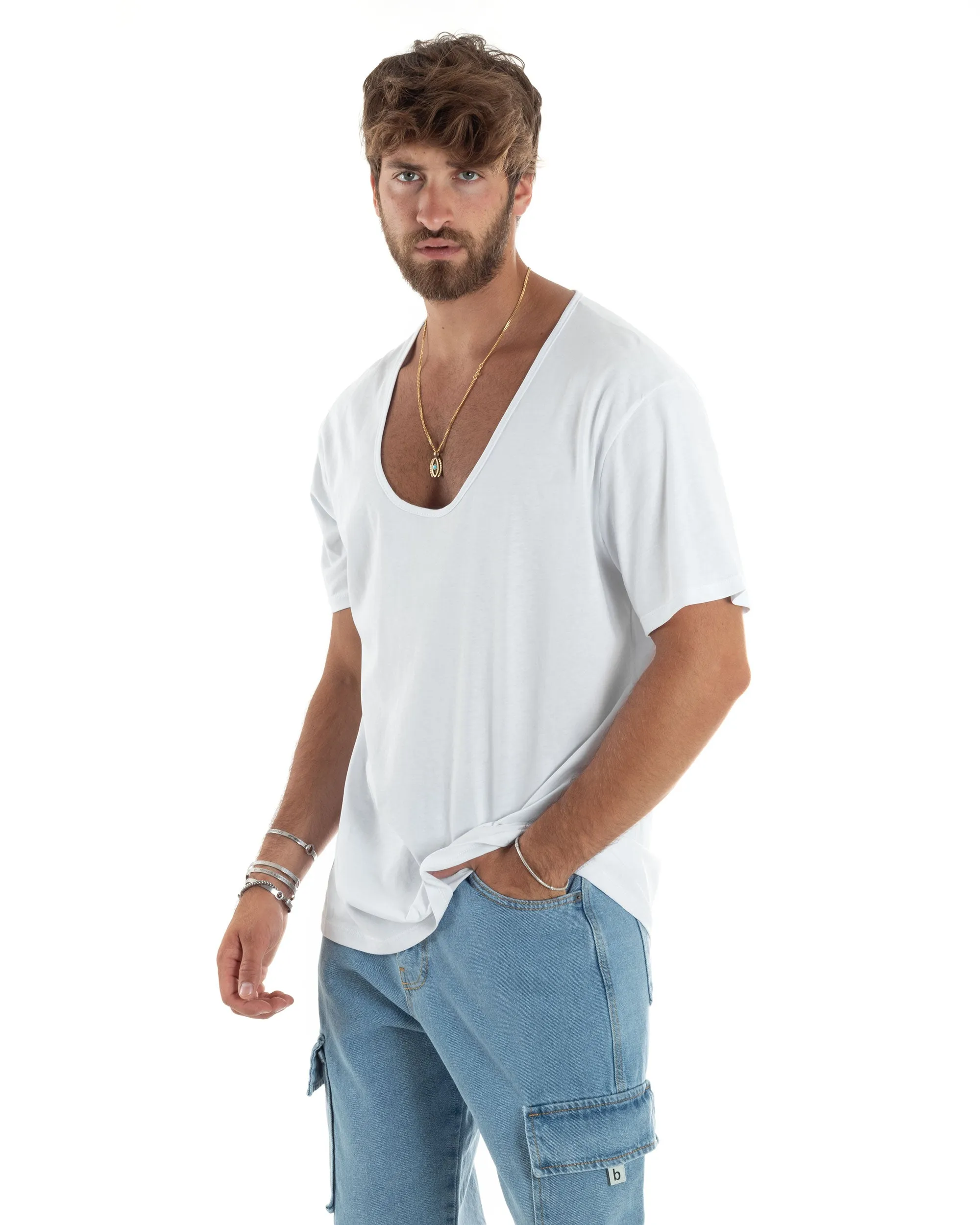 T-shirt Uomo Mezze Maniche Scollo Ampio Rotondo Scollo Profondo Sottogiacca Basic Casual Regular Fit Tinta Unita Bianco GIOSAL-TS3073A