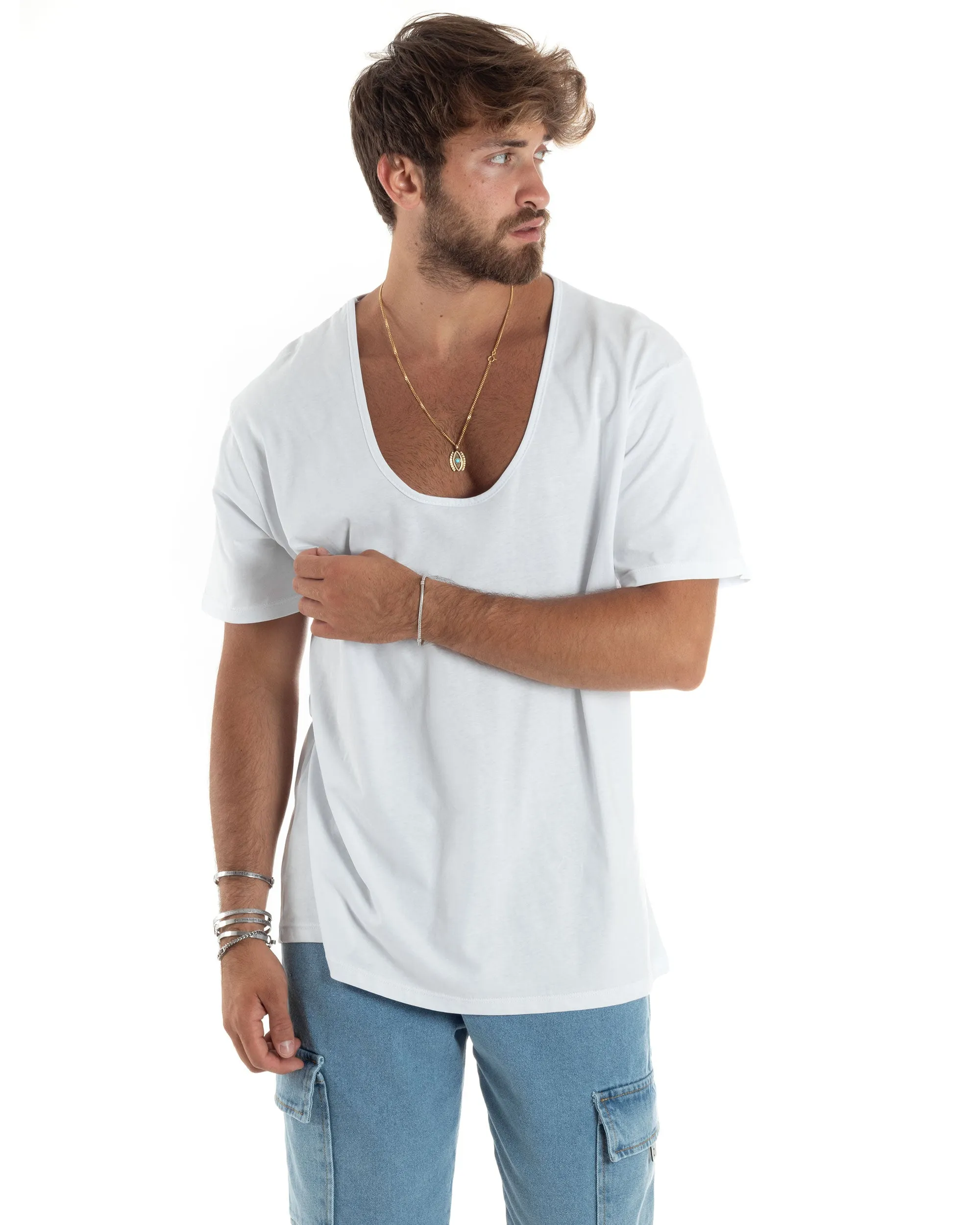 T-shirt Uomo Mezze Maniche Scollo Ampio Rotondo Scollo Profondo Sottogiacca Basic Casual Regular Fit Tinta Unita Bianco GIOSAL-TS3073A