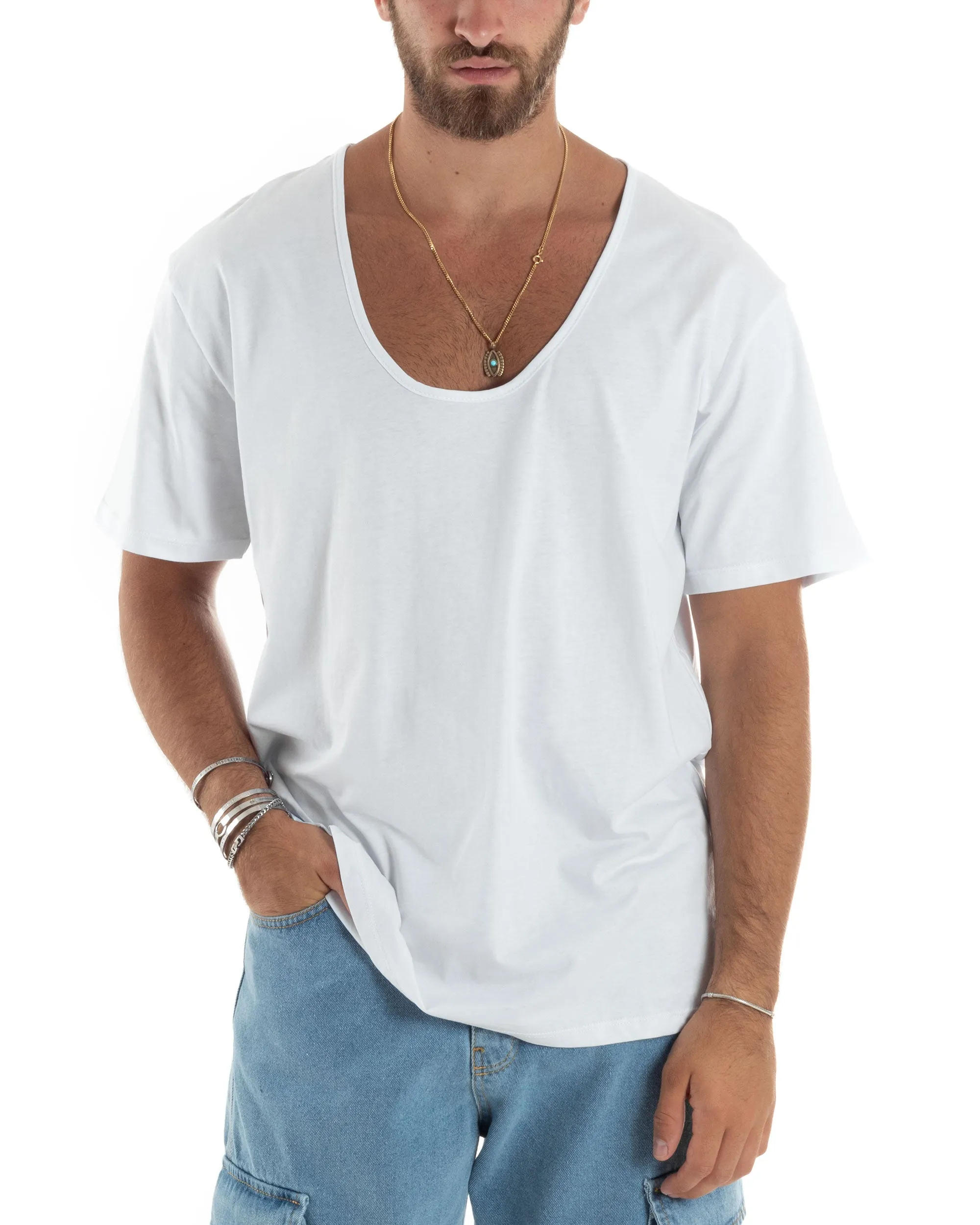 T-shirt Uomo Mezze Maniche Scollo Ampio Rotondo Scollo Profondo Sottogiacca Basic Casual Regular Fit Tinta Unita Bianco GIOSAL-TS3073A