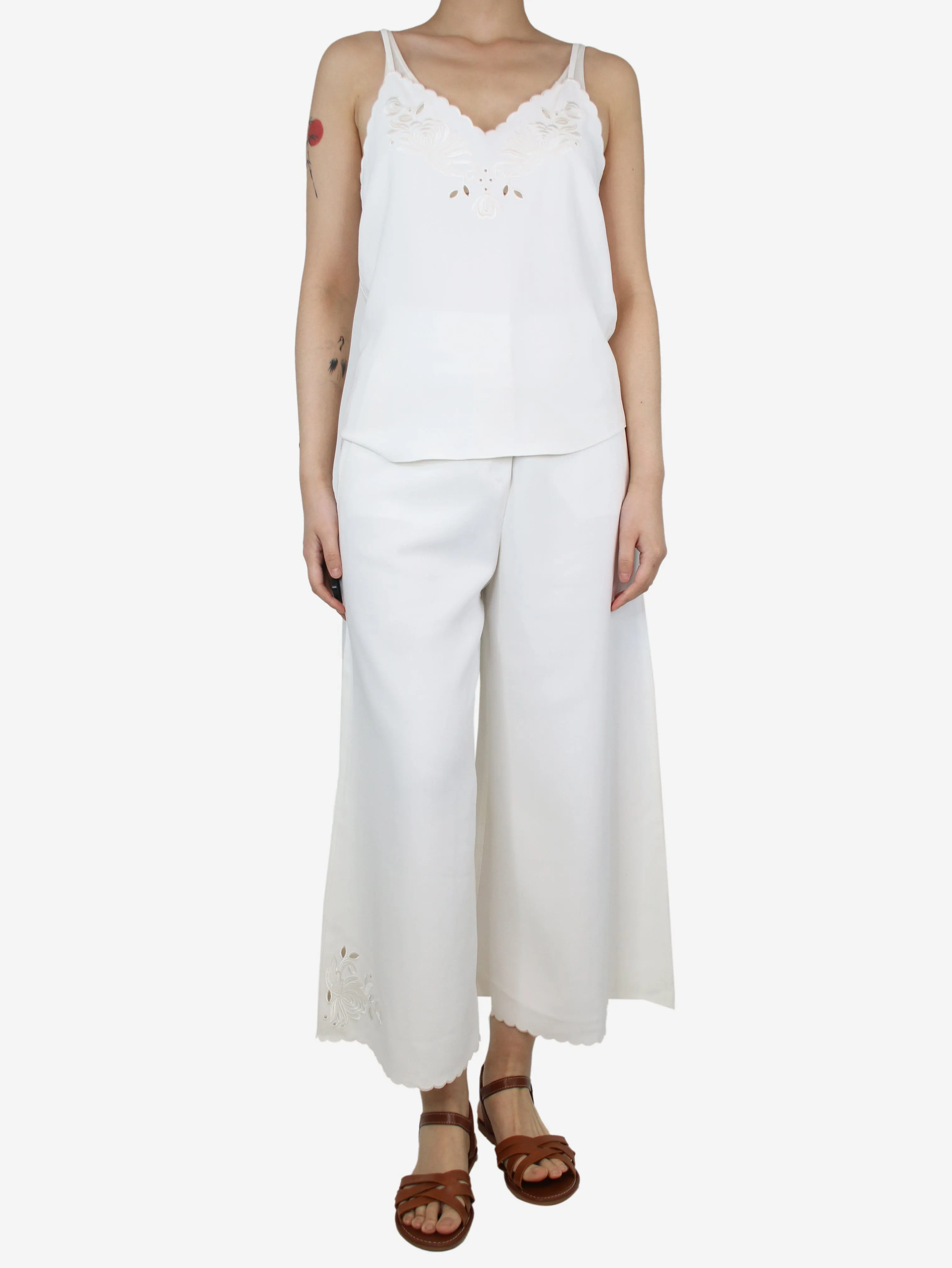 White embroidered top and trousers set - size UK 6