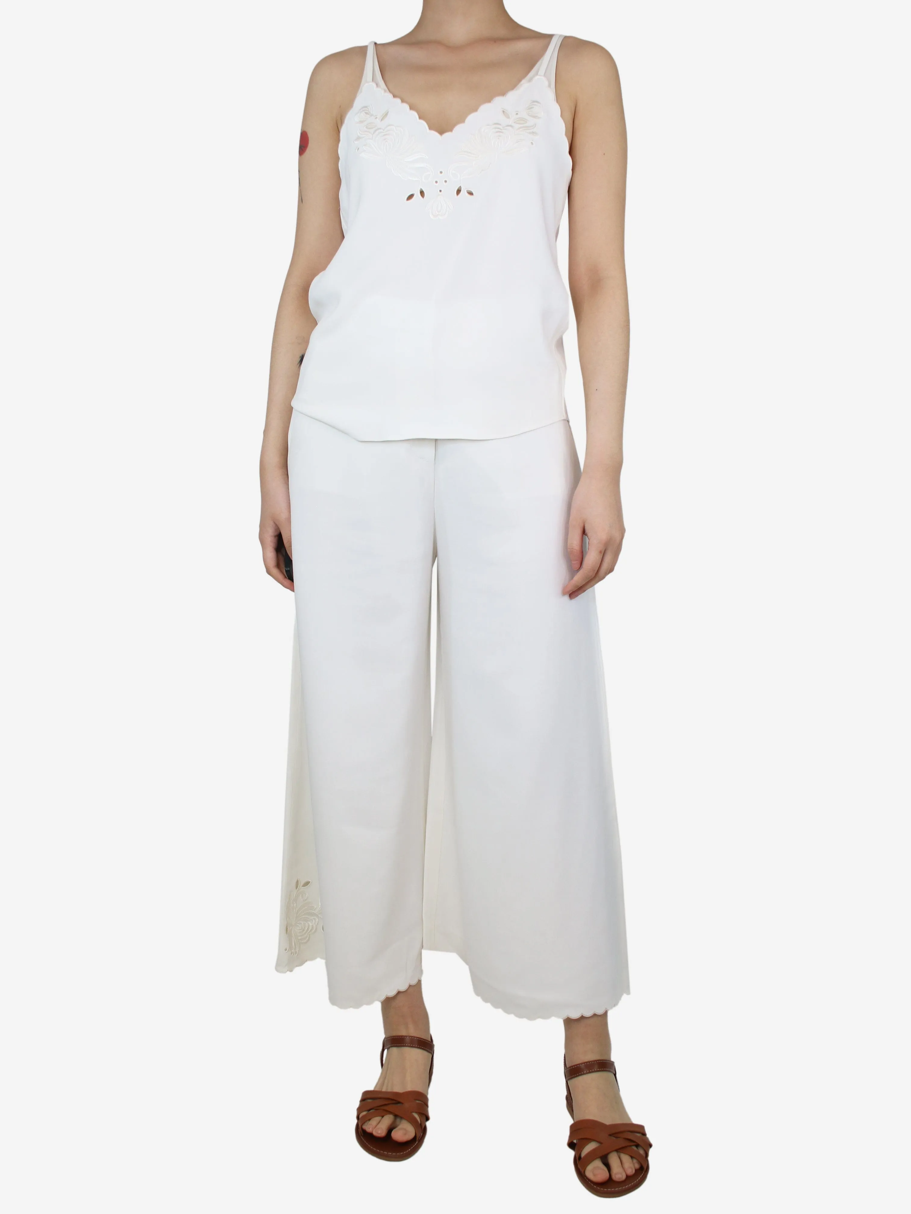 White embroidered top and trousers set - size UK 6